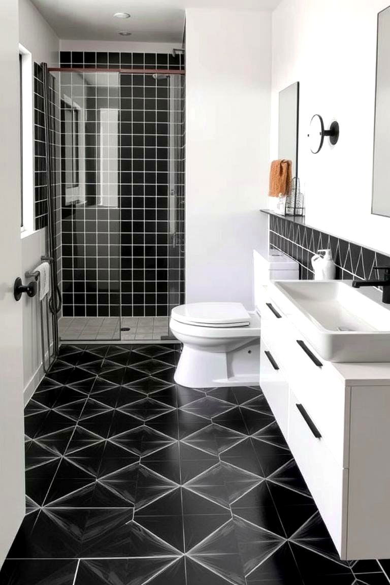 Playful Black Patterned Design - 24 Black Floor Bathroom Ideas