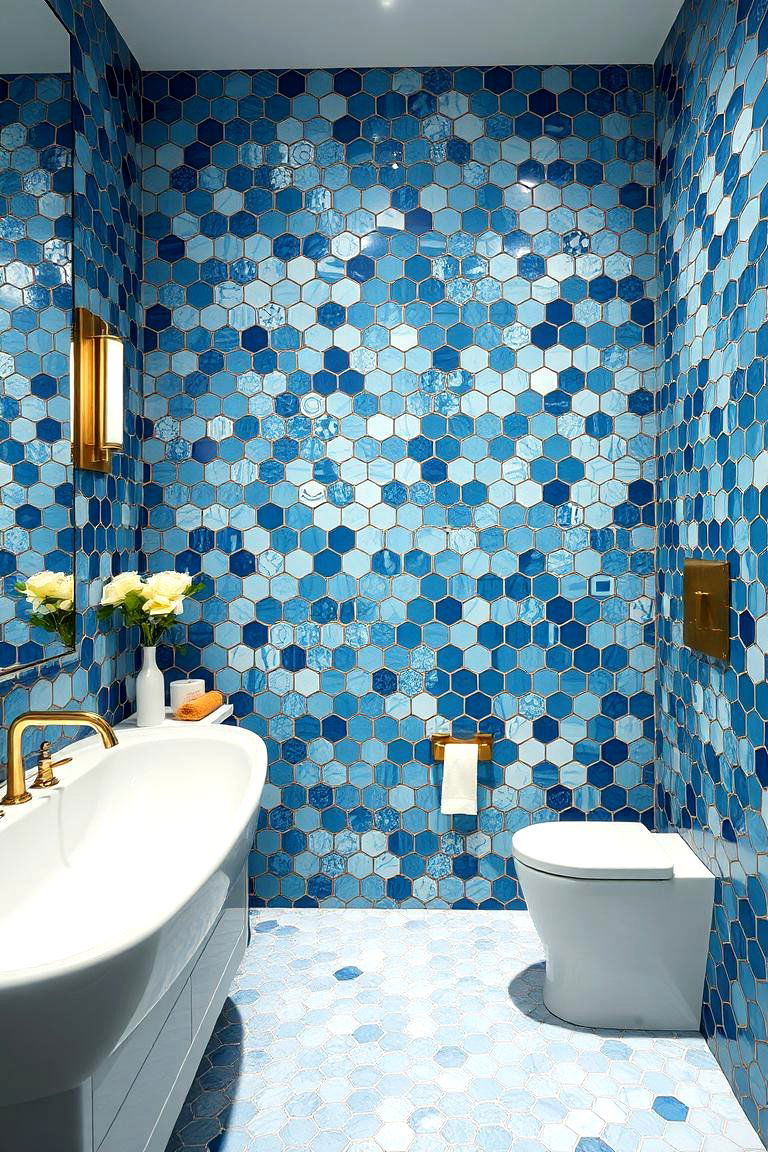 Playful Blue Mosaic with Sophisticated Gold Lines - 24 Blue and Gold Bathroom Ideas