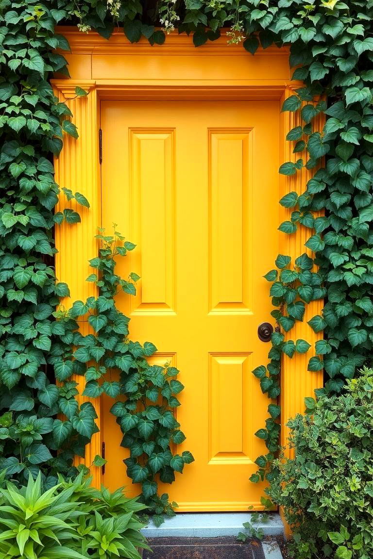 Playful Charm with Greenery and Plants - 24 Mustard Yellow Front Door Ideas