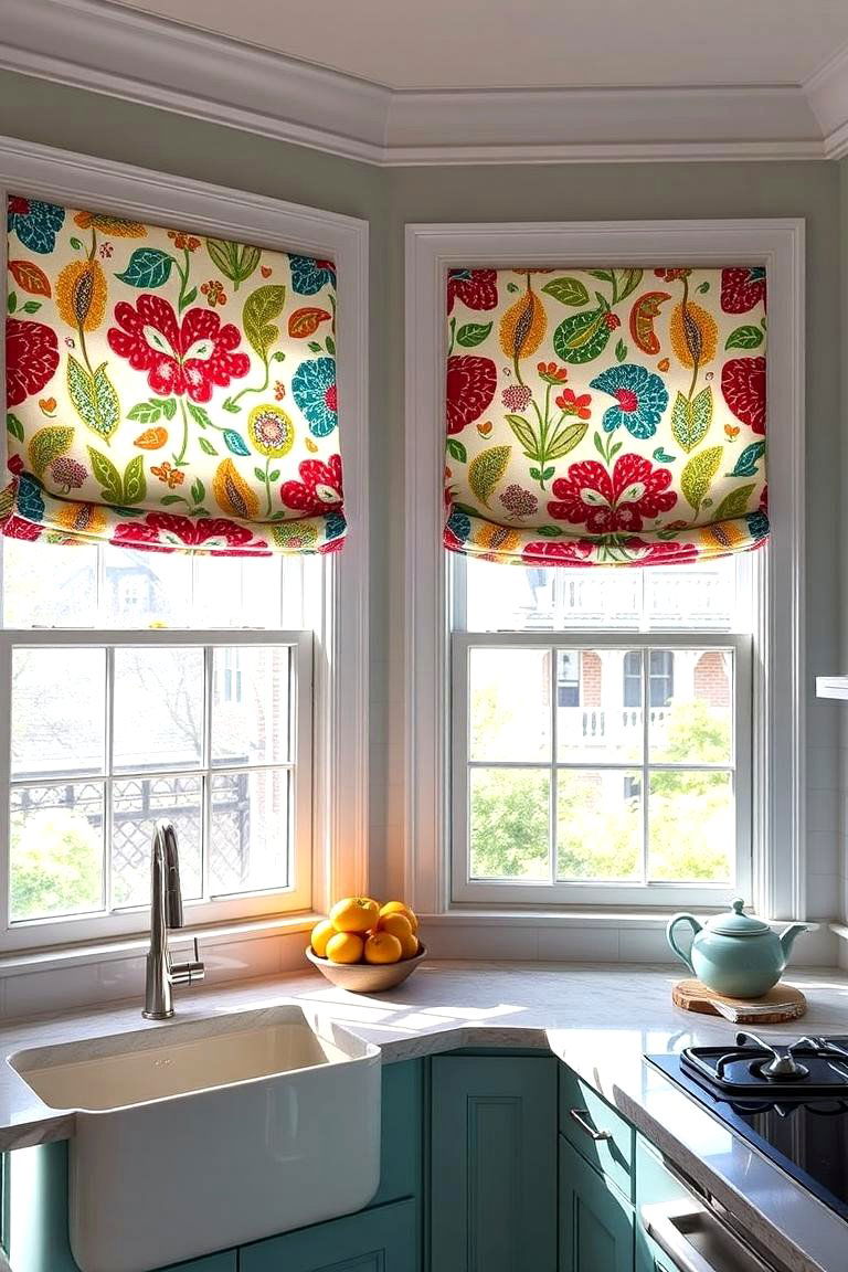 Playful Patterned Window Treatments - 24 Maximalist Kitchen Decor Ideas