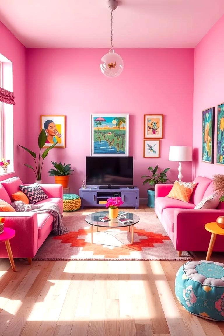 Playful Pink with Pops of Color - 24 Pink Couch Living Room Ideas