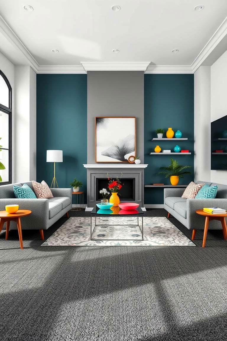 Playful Pops of Color with Accessories on Grey Carpet - 24 grey carpet living room ideas