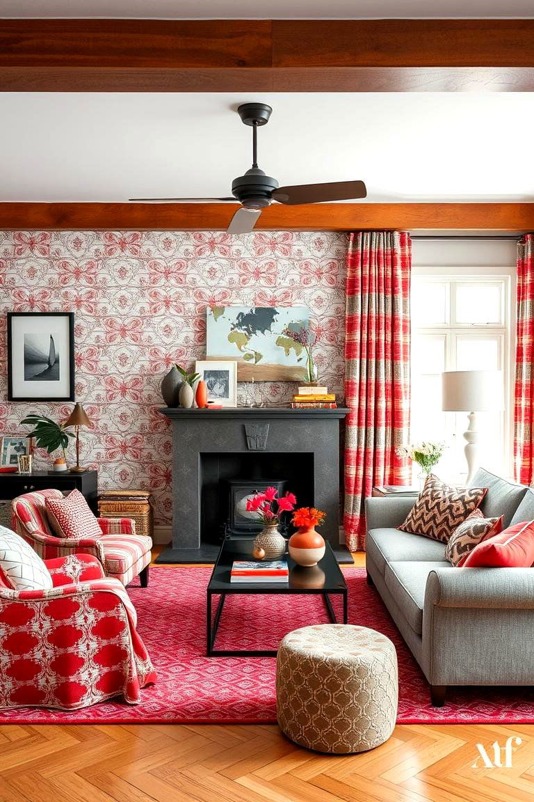 Playful Red and Grey Mixed Patterns - 24 Red and Grey Living Room Ideas