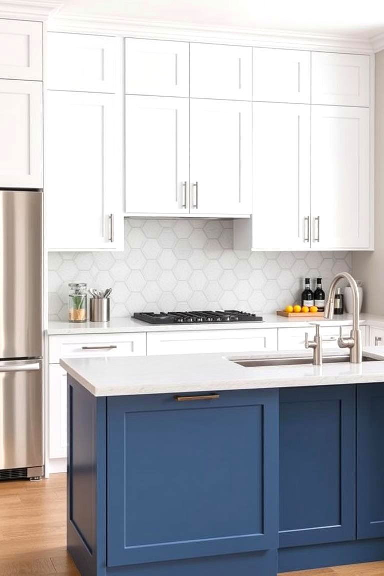 Playing with Different Shades of Blue - 24 White Kitchen Cabinets With Blue Island