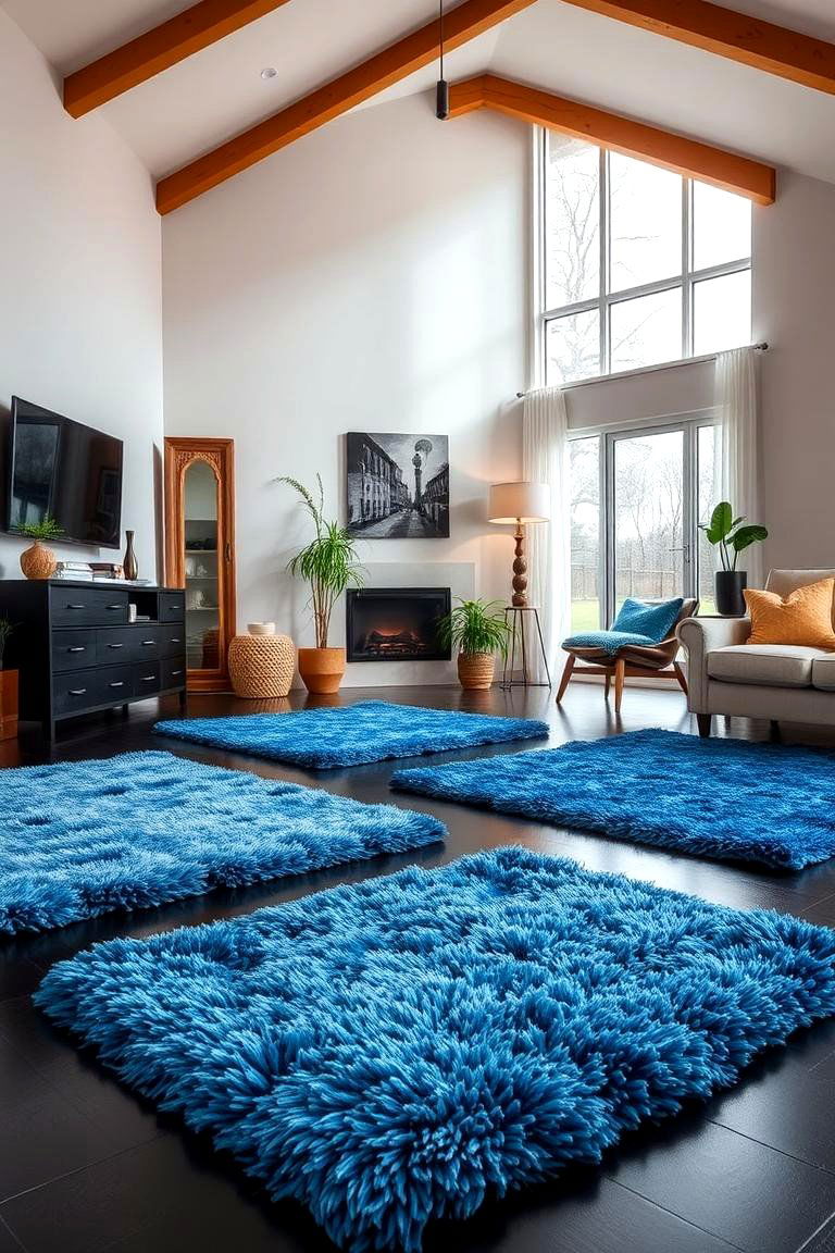 Plush Blue Rugs on Sleek Black Flooring - 24 Black and Blue Living Room Ideas