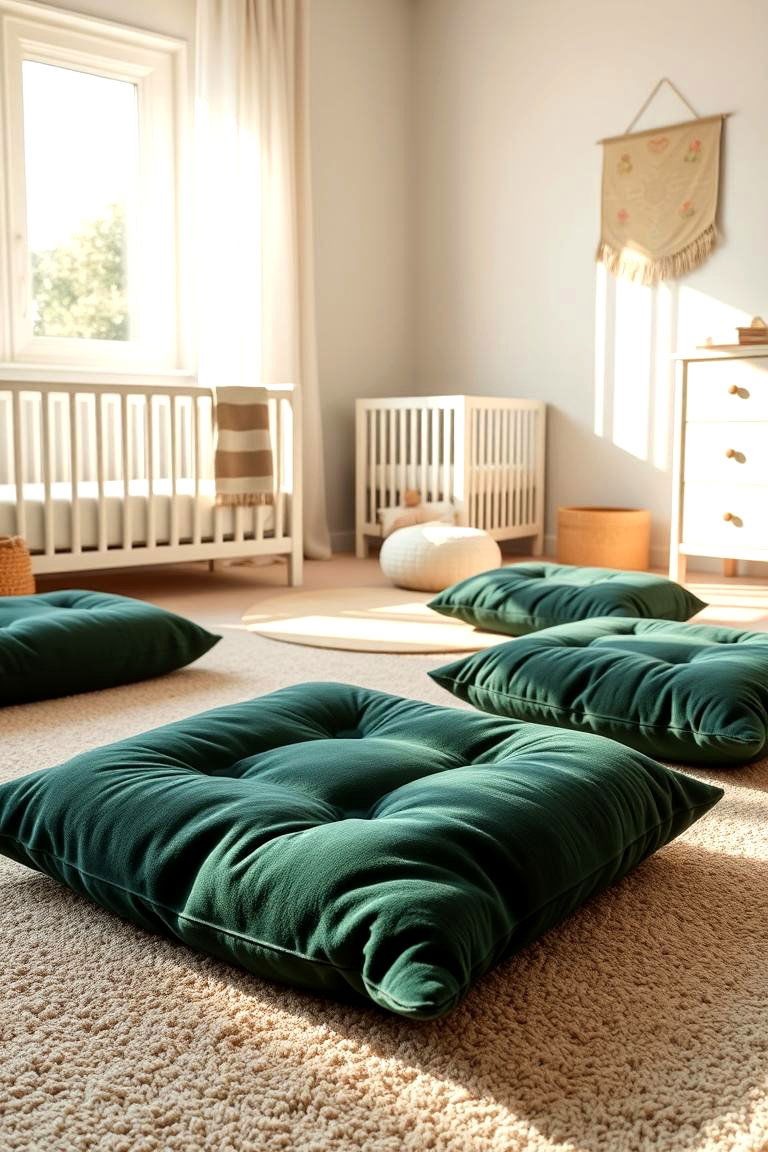 Plush Dark Green Floor Cushions - 24 Dark Green Nursery Ideas
