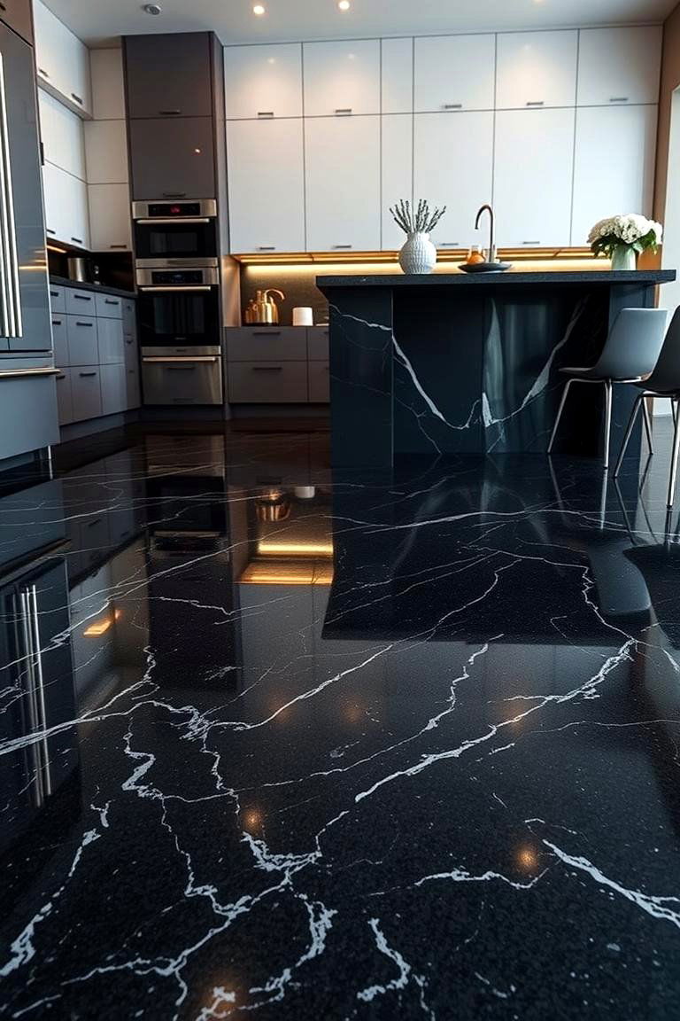 Polished Black Granite Flooring - 24 Black Kitchen Floor Ideas