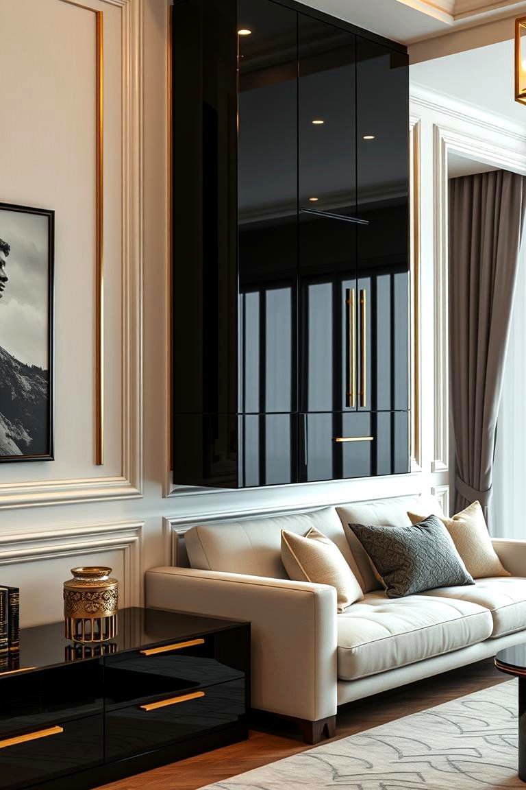 Polished Black and Gold Cabinetry - 24 Black and Gold Living Room Ideas