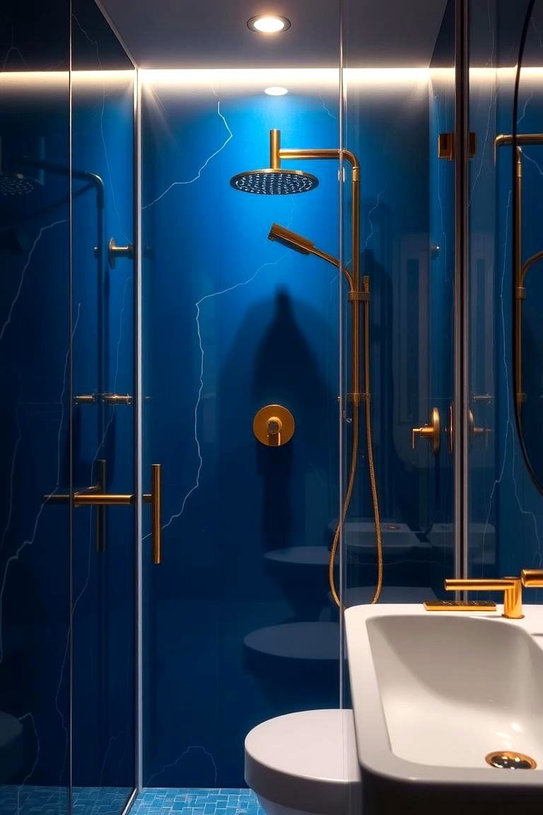 Polished Blue Shower with Lustrous Gold Fittings - 24 Blue and Gold Bathroom Ideas