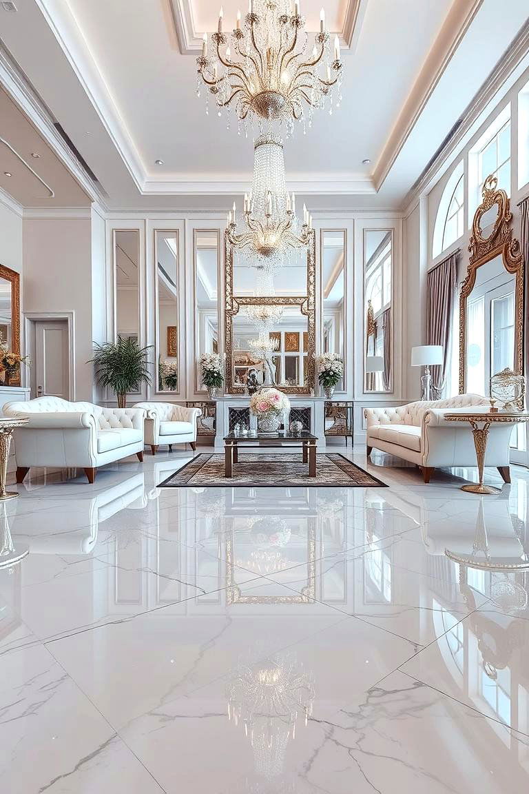 Polished Marble Glamour - 24 Marble Floor Living Room Ideas