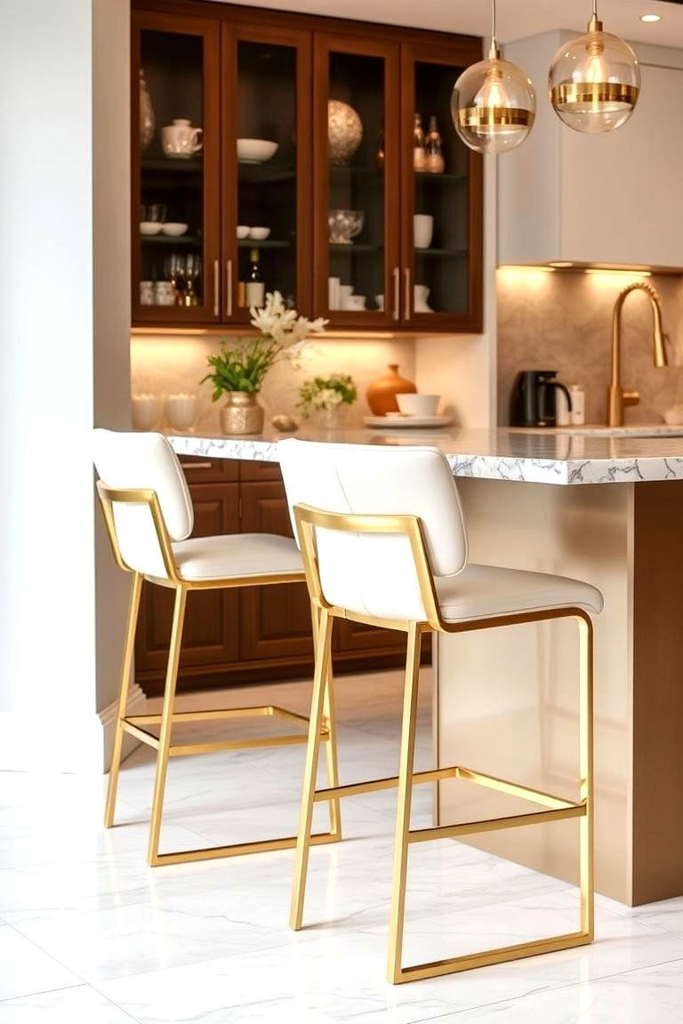 Polished White Counter Stools with Gold Frames - 24 White and Gold Kitchen Ideas