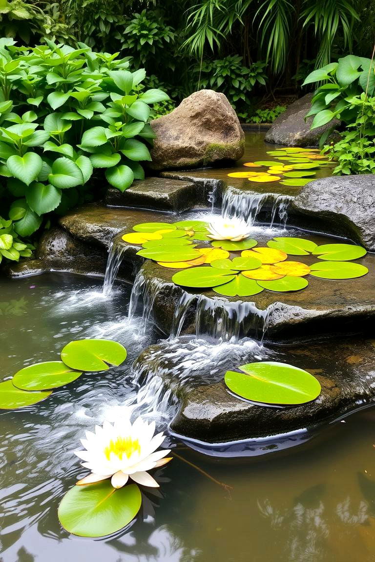 Pond with Cascading Lily Pads - 24 Small Pond Ideas With Waterfalls