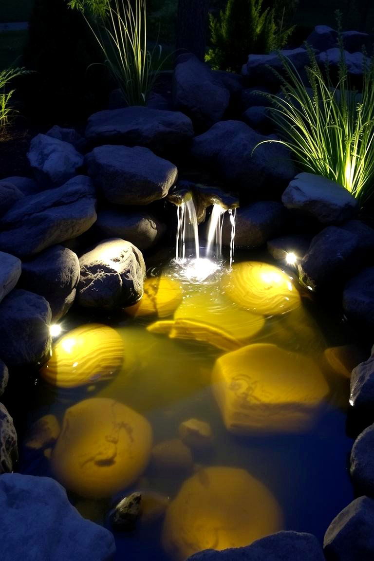 Pond with Lighting - 24 Backyard Pond Ideas