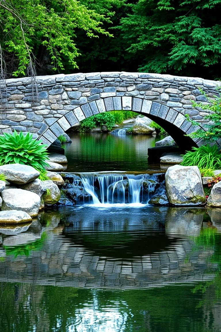 Pond with Stone Bridge and Waterfall - 24 Small Pond Ideas With Waterfalls