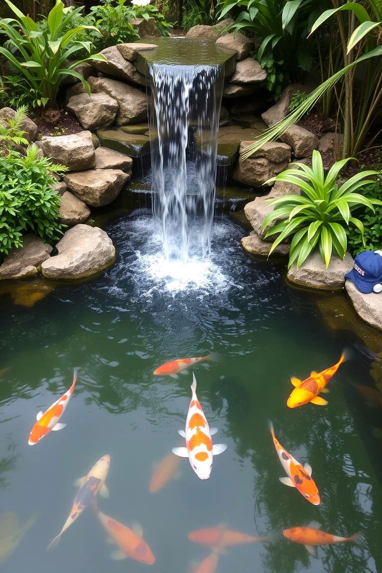 Pond with Waterfall and Fish Swimming - 24 Small Pond Ideas With Waterfalls