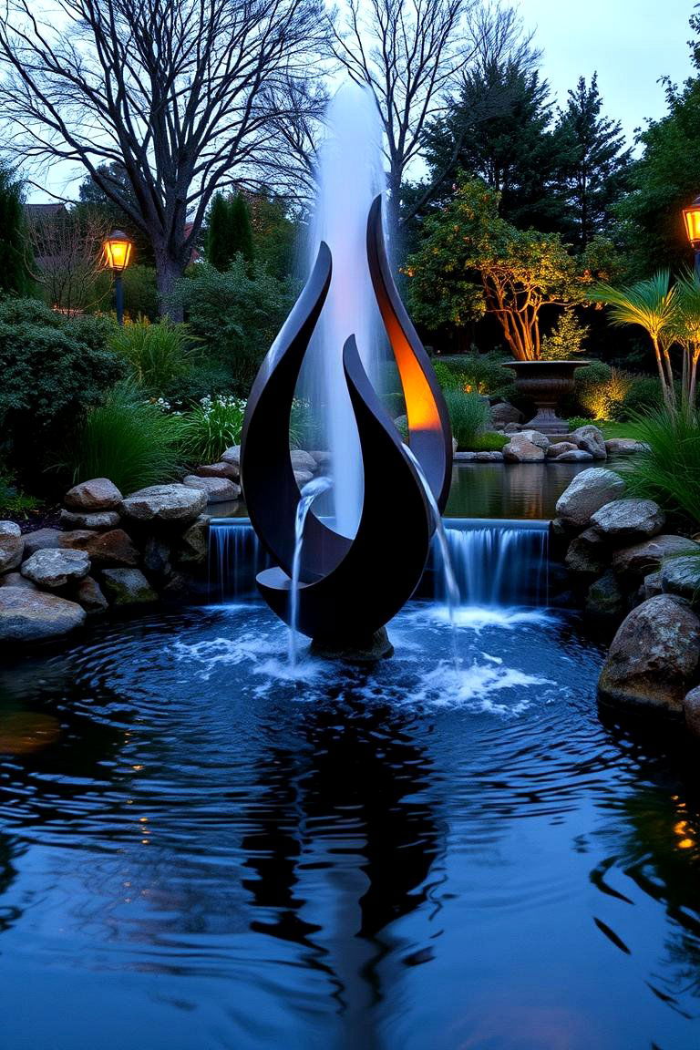 Pond with Waterfall and Sculptural Feature - 24 Small Pond Ideas With Waterfalls