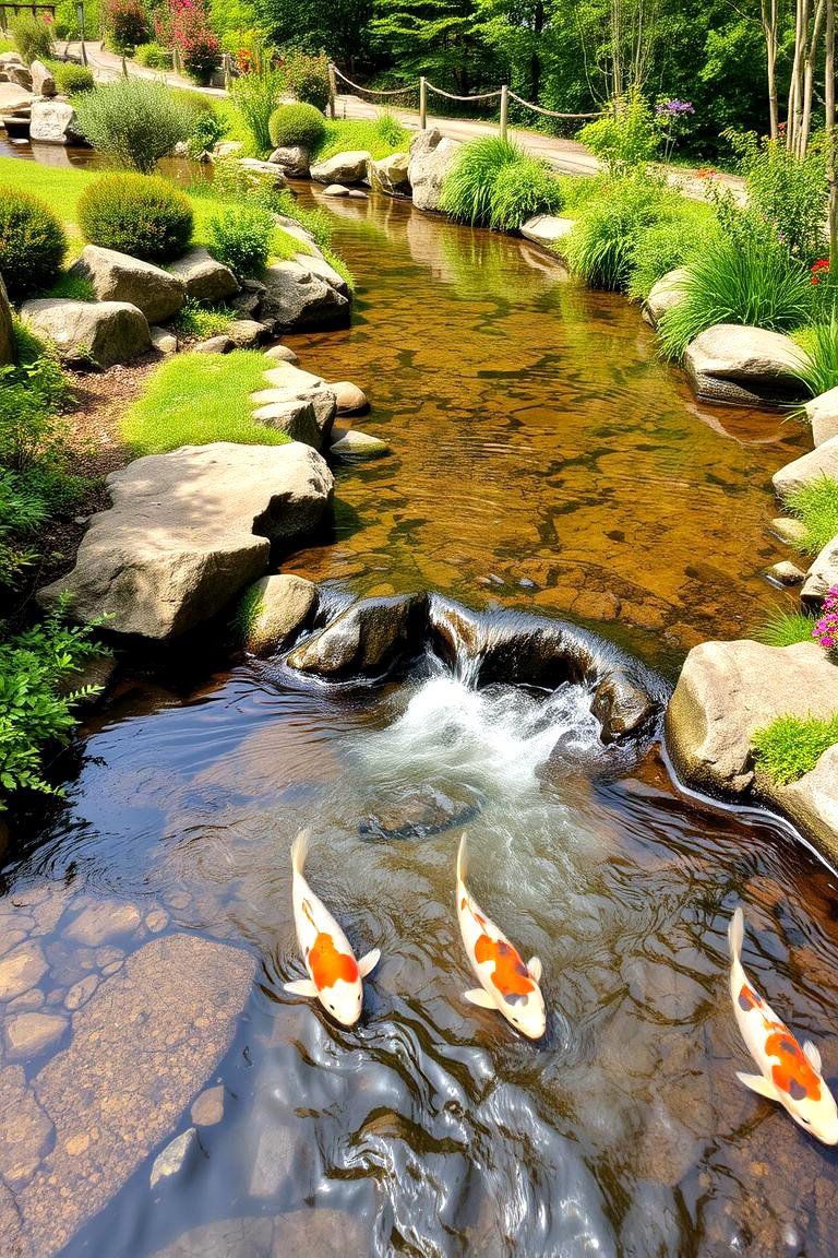 Pond with a Gentle Stream Flowing In - 24 Koi Pond Ideas