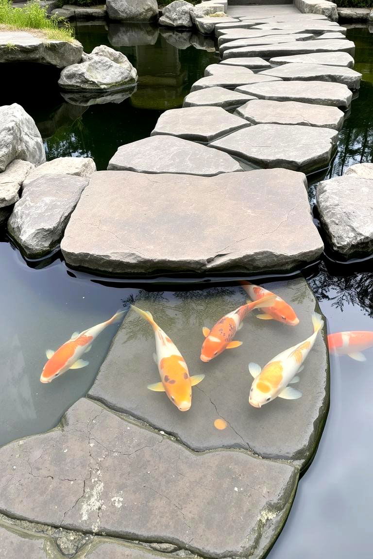 Pond with a Stone Slab Path Over Water - 24 Koi Pond Ideas