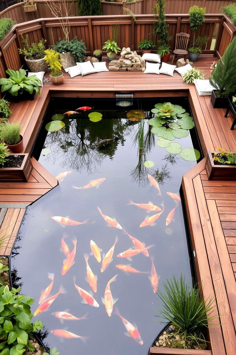Pond with a Wooden Deck Surround - 24 Koi Pond Ideas