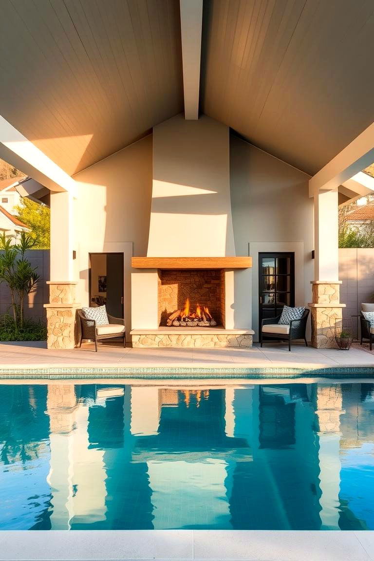 Pool House with a Cozy Fireplace - 24 Pool House Ideas