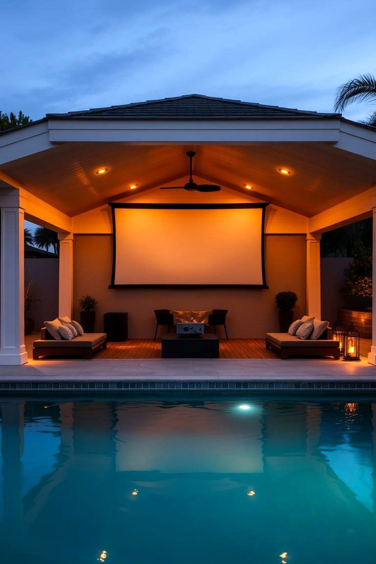 Pool House with a Movie Screen and Projector - 24 Pool House Ideas