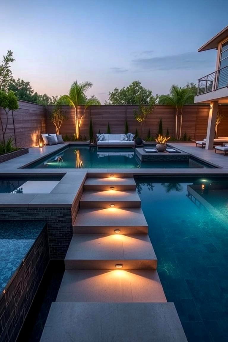 Pool with Built in Seating - 24 Small Inground Pool Ideas