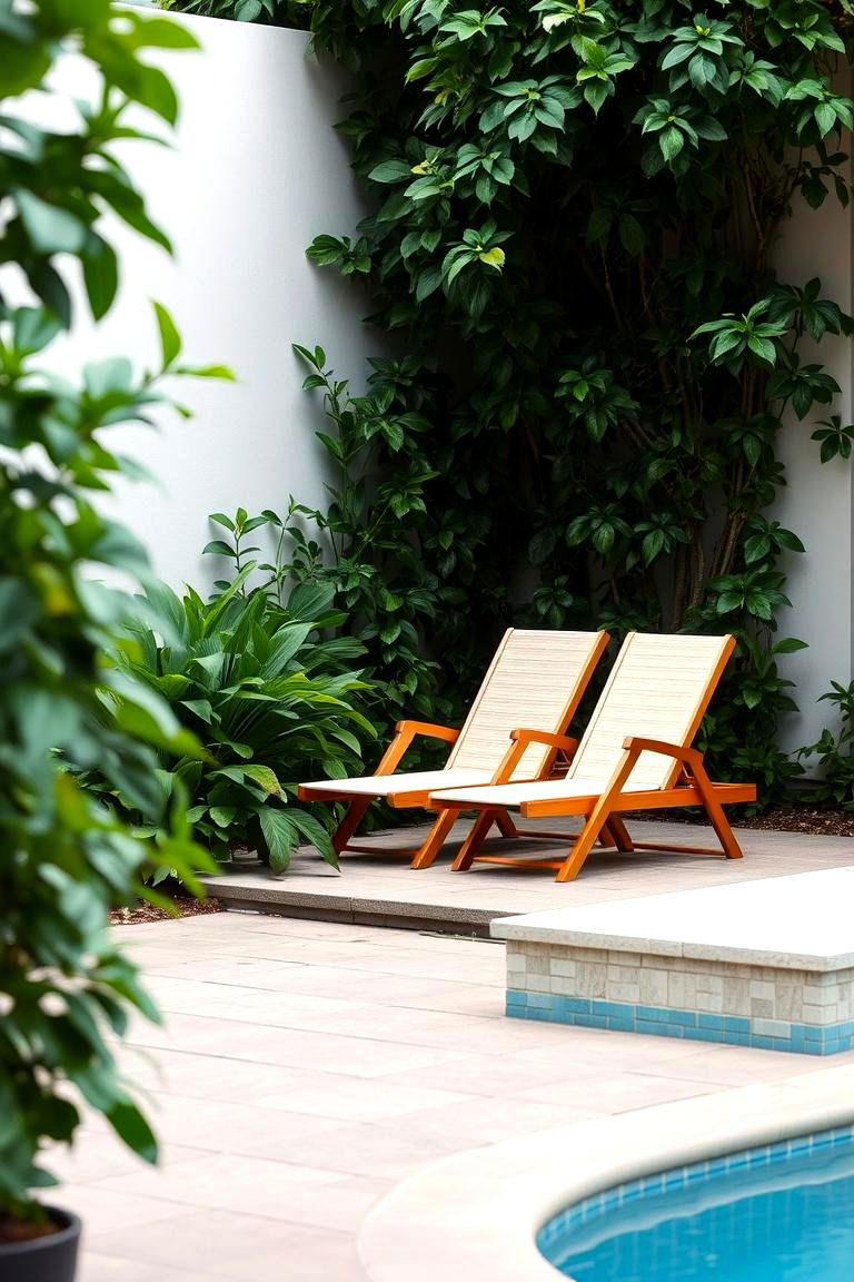 Poolside Lounge Chairs with Greenery - 24 Above Ground Pool Landscaping Ideas