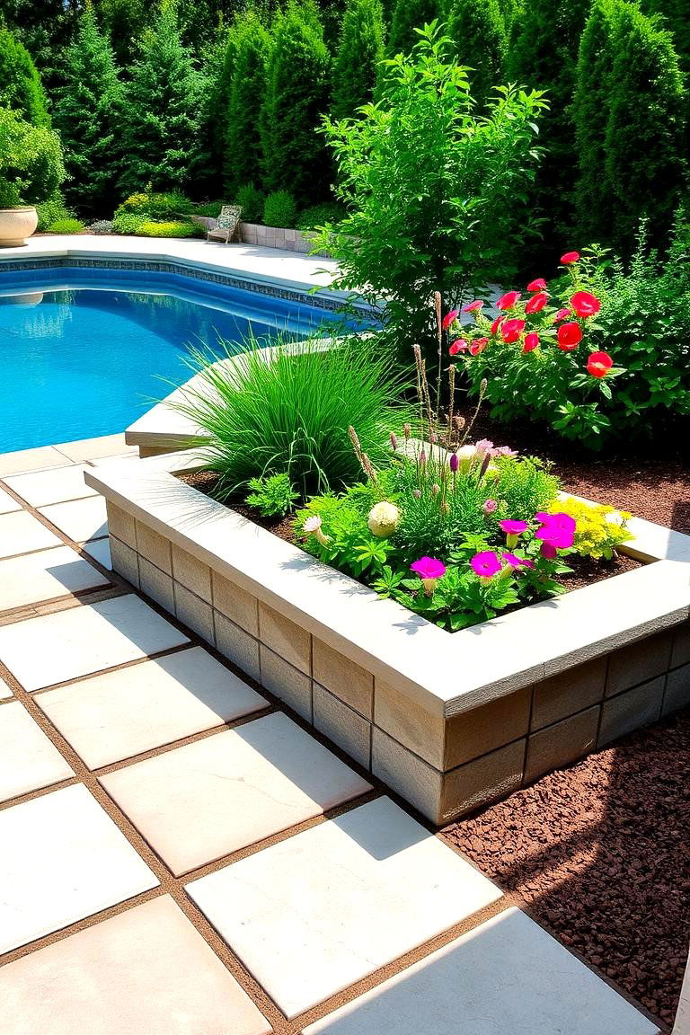 Poolside Pavers with Raised Planters - 24 Concrete Pavers Around Pool Ideas