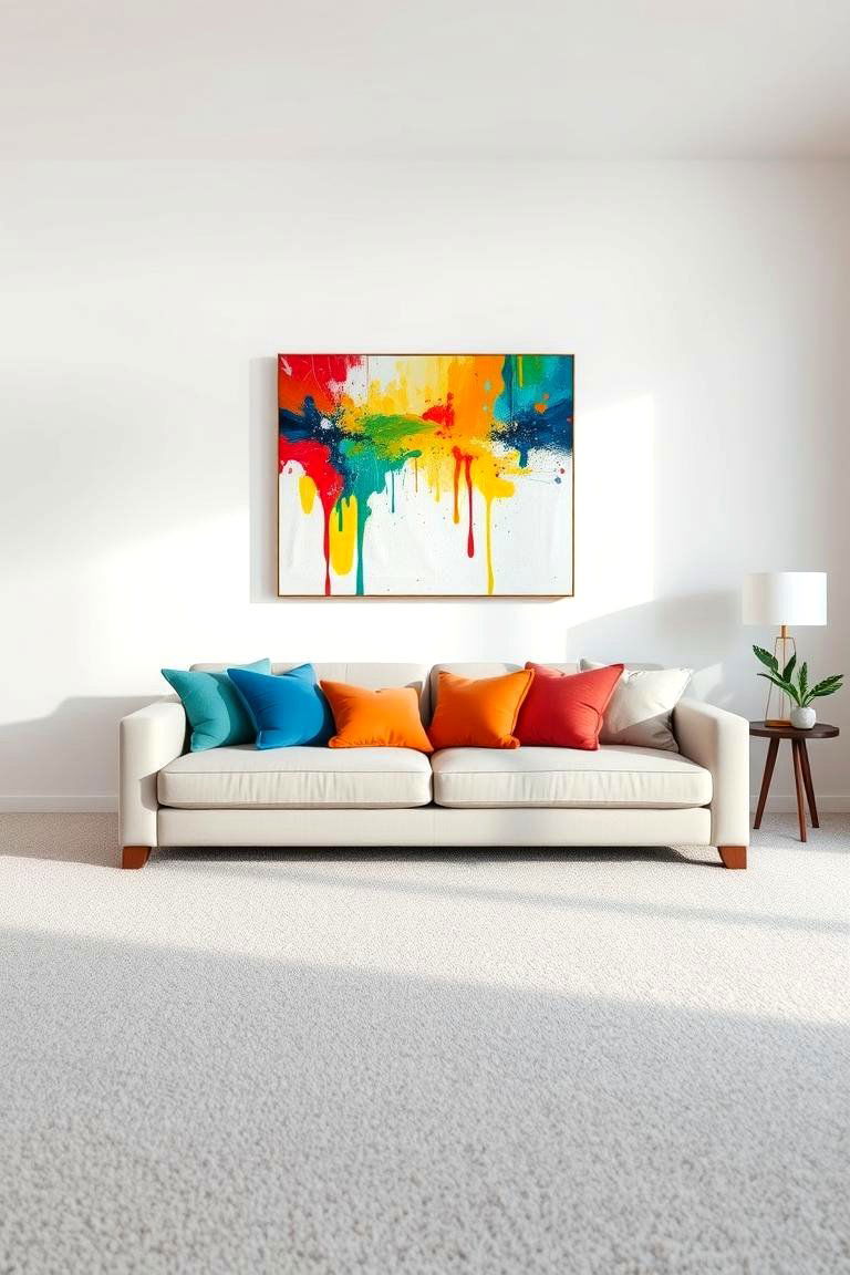 Pop of Color with Artwork on Grey Carpet - 24 grey carpet living room ideas