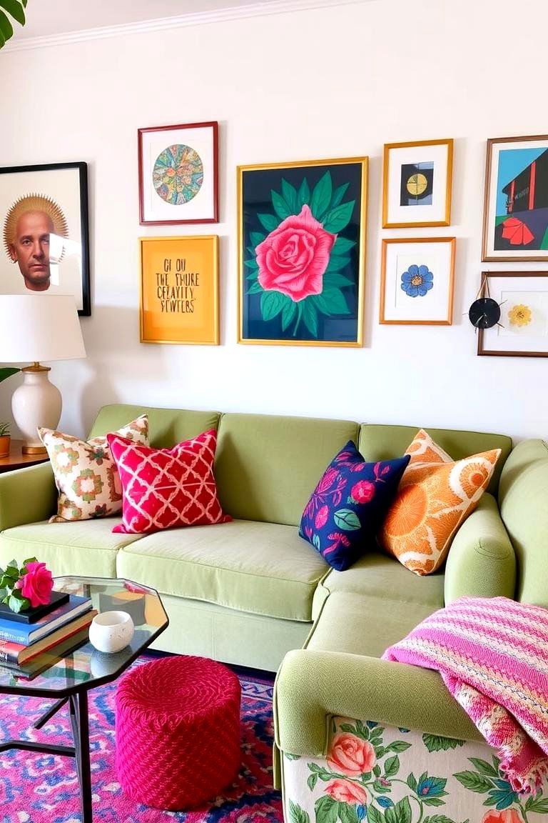 Pop of Patterned Pillows and Accessories - 24 sage green couch living room ideas