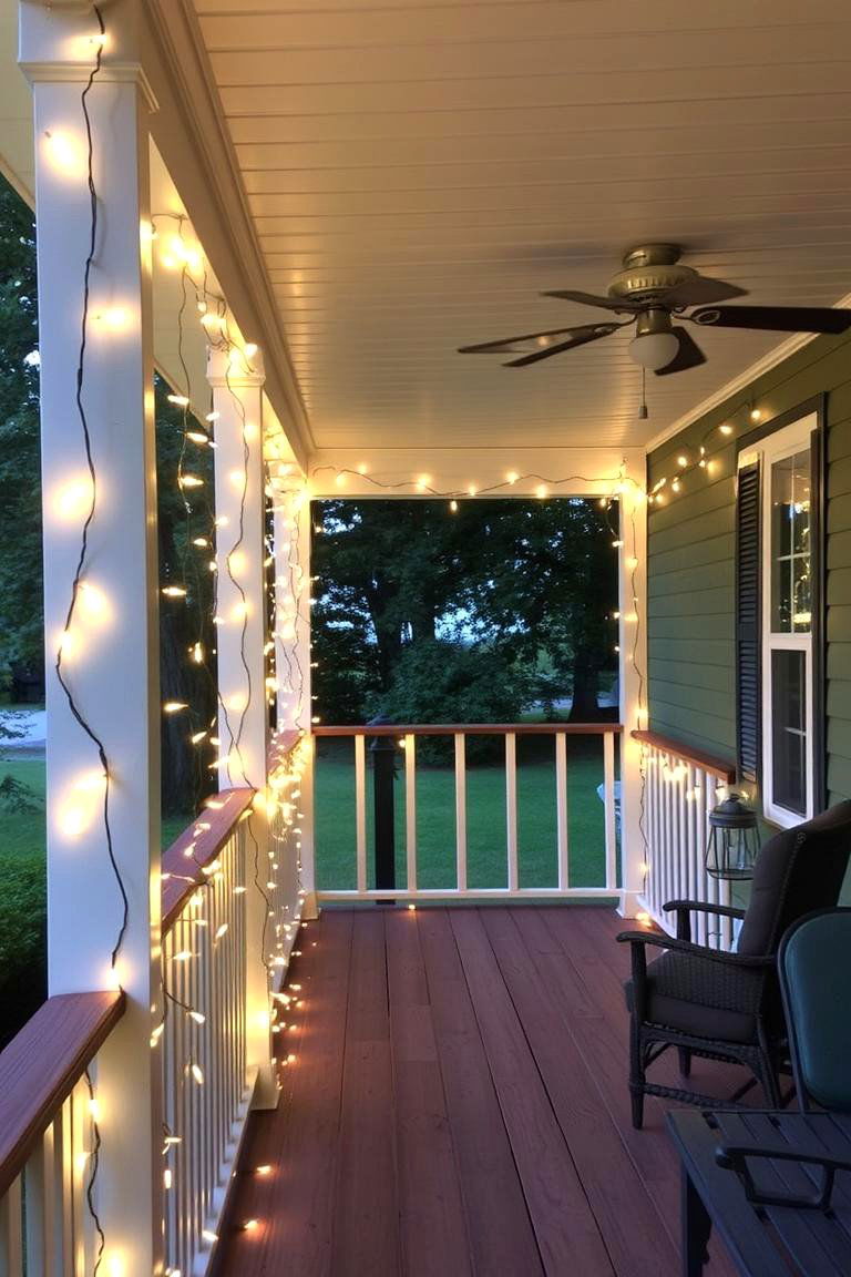 Porch Deck with String Lights - 24 Front Porch Deck Ideas