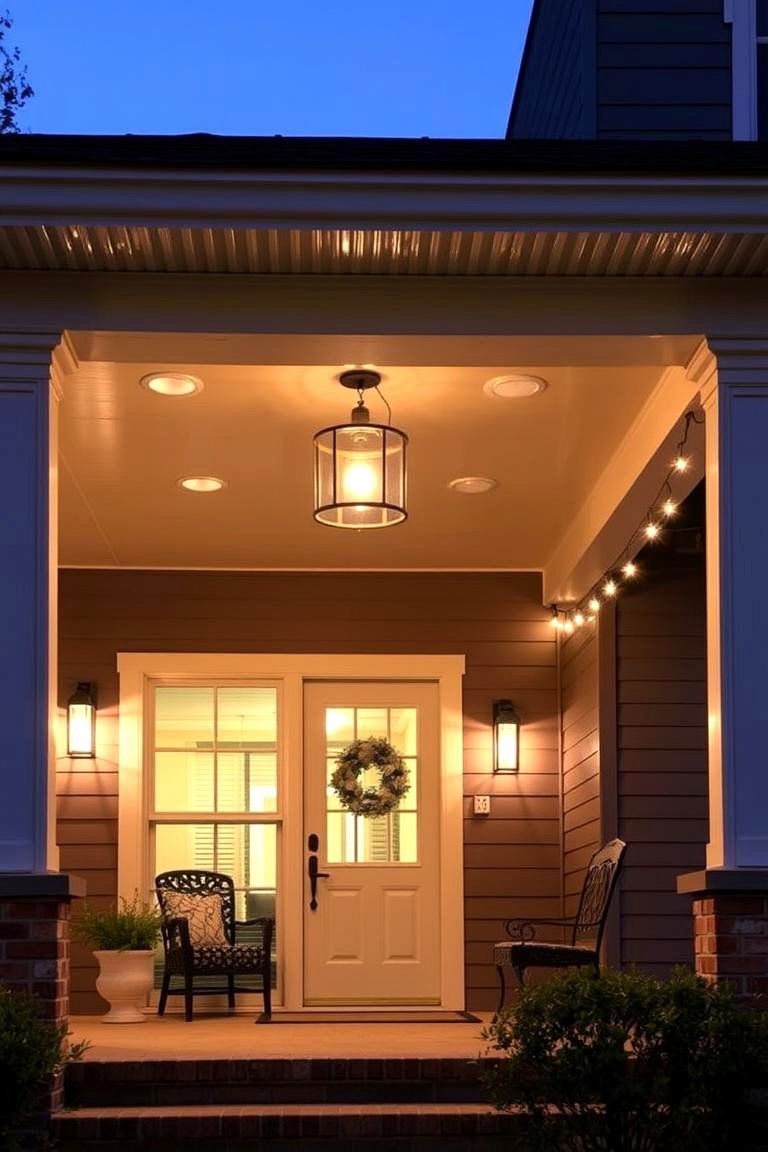 Porch with Custom Lighting Fixtures - 24 Barndominium Front Porch Ideas