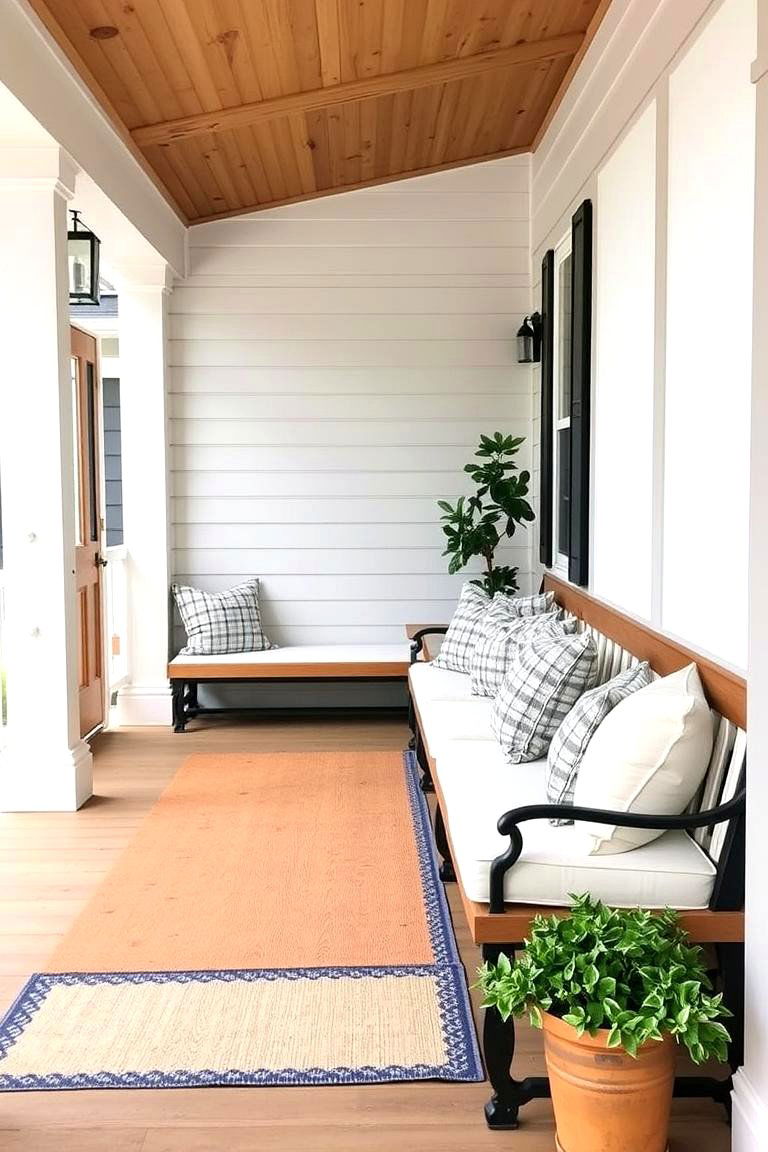 Porch with Farmhouse Style Bench Seating - 24 Farmhouse Porch Ideas
