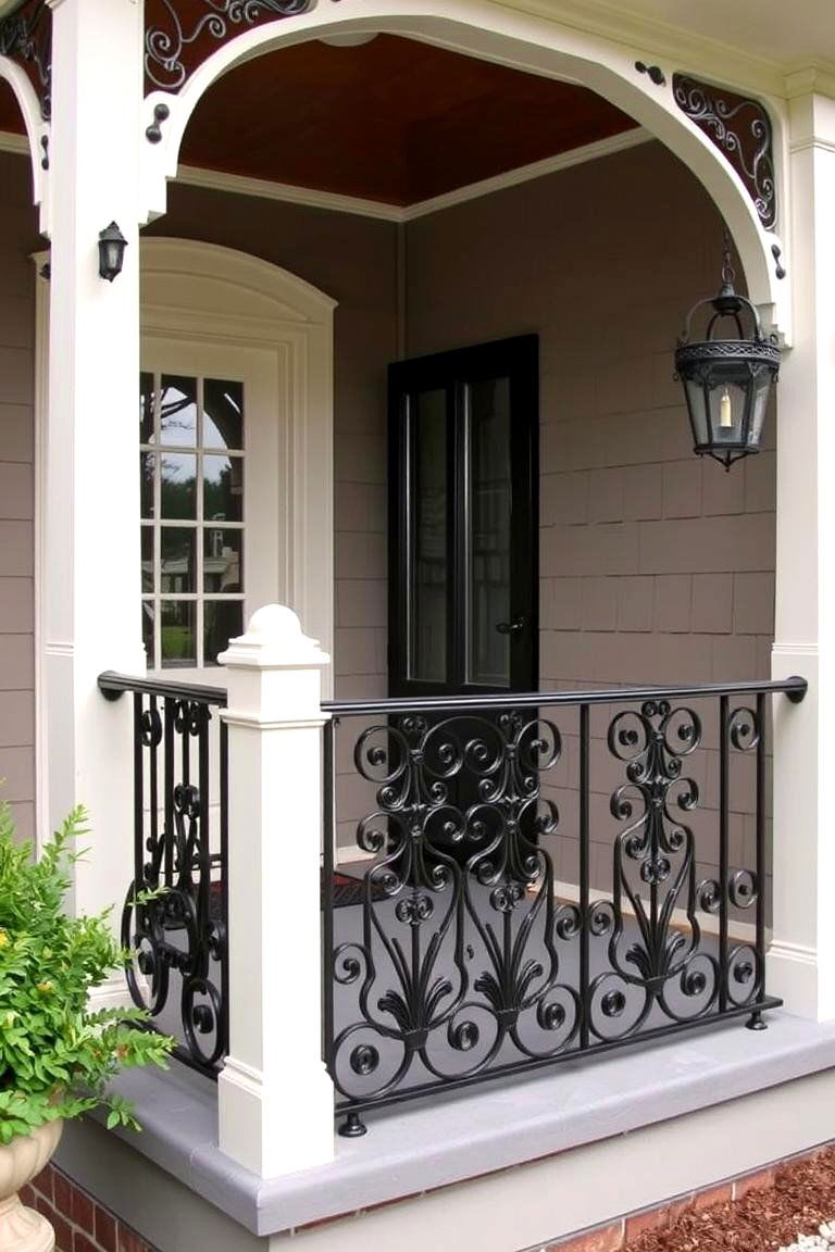 Porch with Wrought Iron Railings - 24 Barndominium Front Porch Ideas