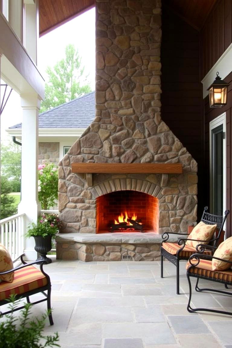 Porch with a Stone Fireplace - 24 Barndominium Front Porch Ideas
