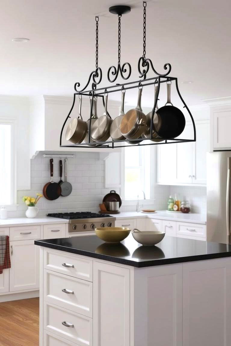 Pot Rack Above the Island - 24 white kitchen ideas with black island