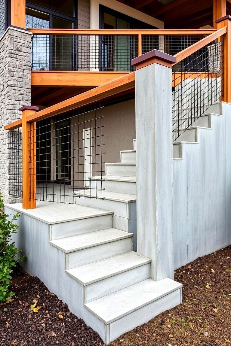 Poured Concrete and Wood Railing Combo - 24 Front Porch Railing Ideas