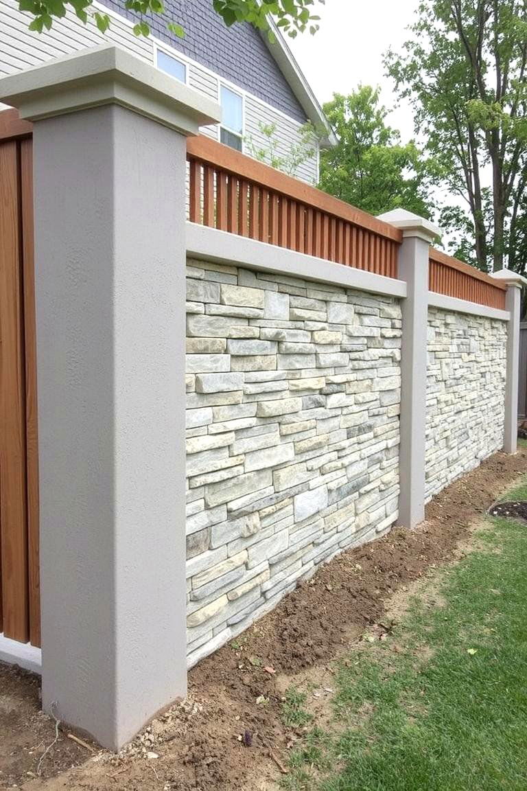 Poured Concrete with Stone Veneer Fence - 24 Backyard Fence Ideas