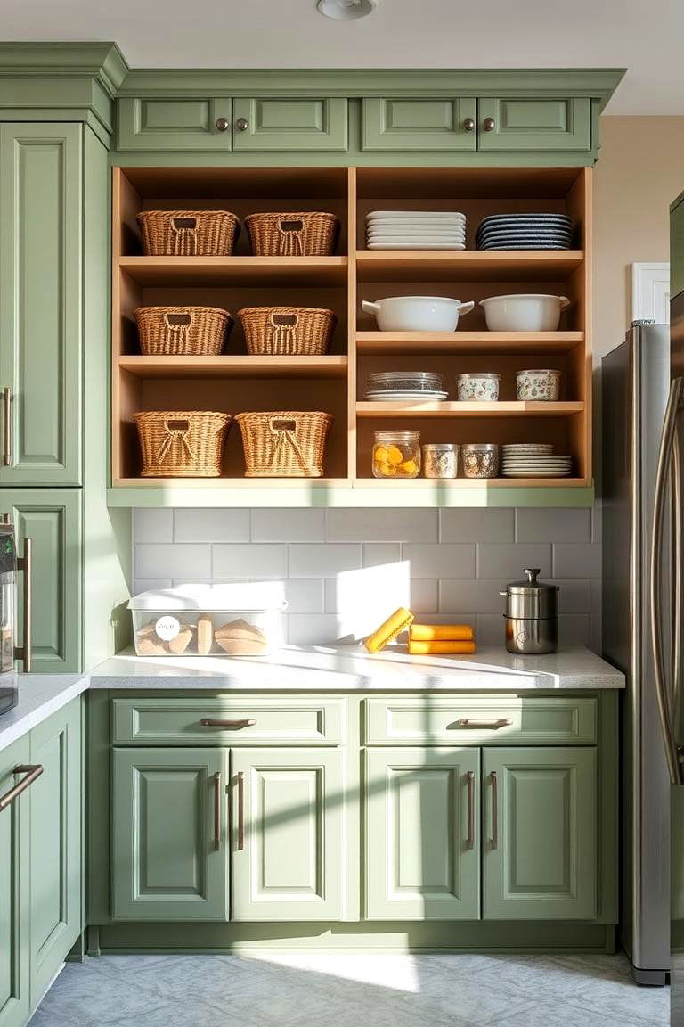 Practical Organization Features - 24 Rustic Sage Green Kitchen Cabinets
