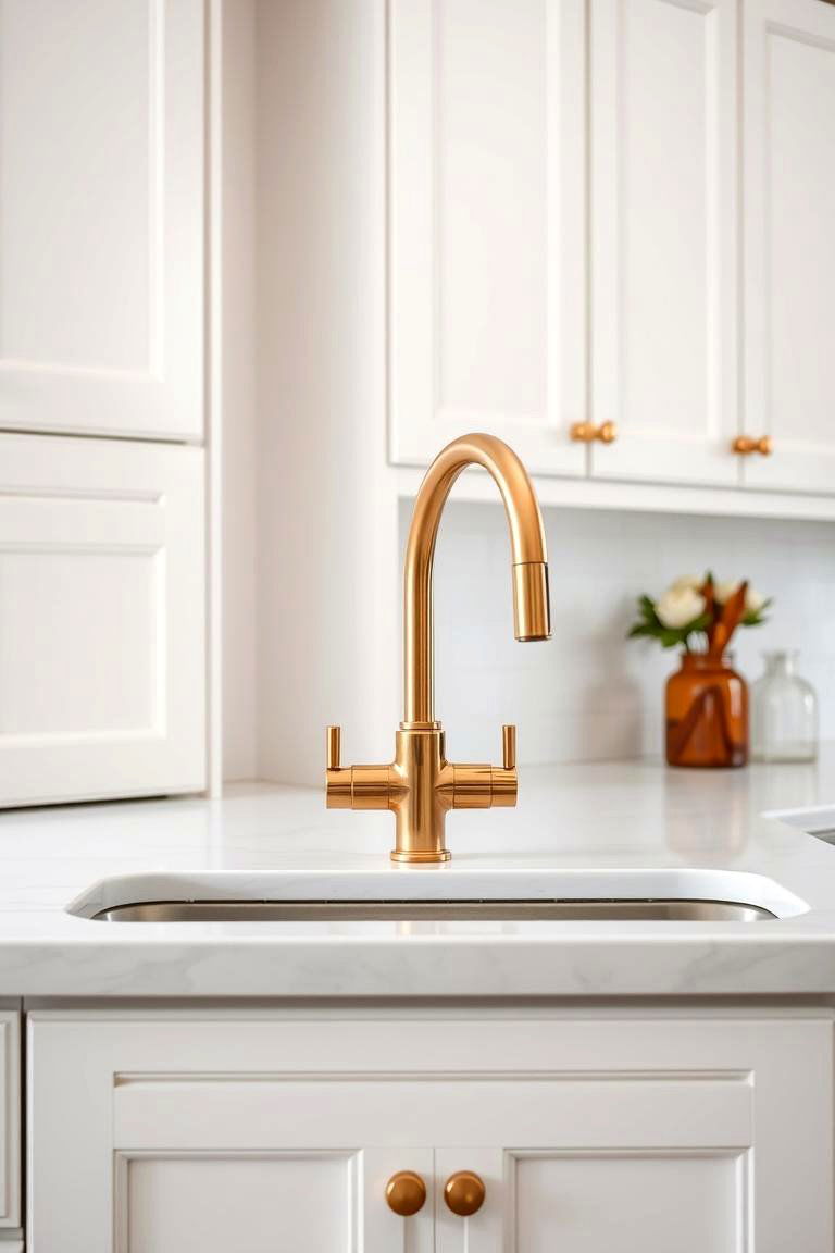 Providing a Foundation for Bold Accents - 24 White Kitchen Cabinets With Gold Hardwar