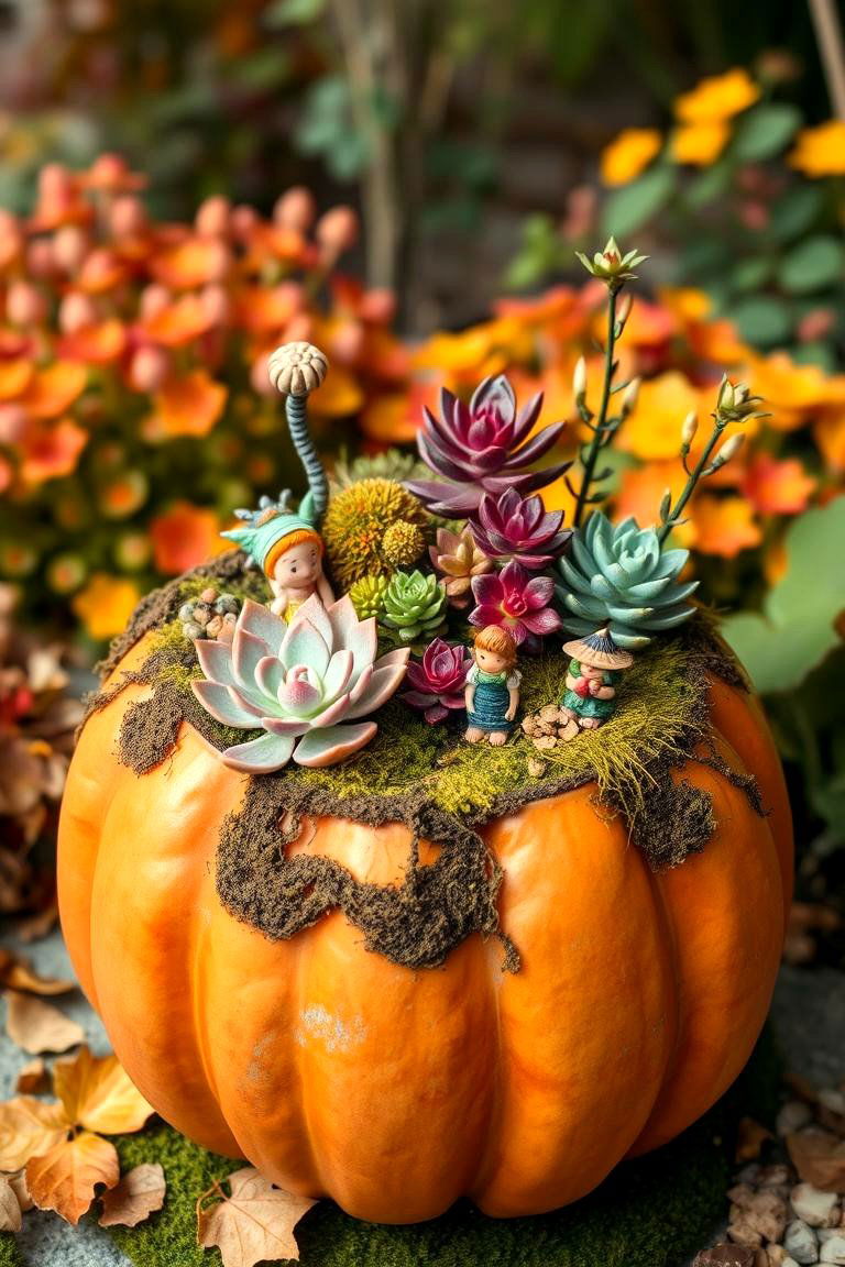 Pumpkin Planter Fairy Garden - 24 Fall Bedroom Decor Ideas