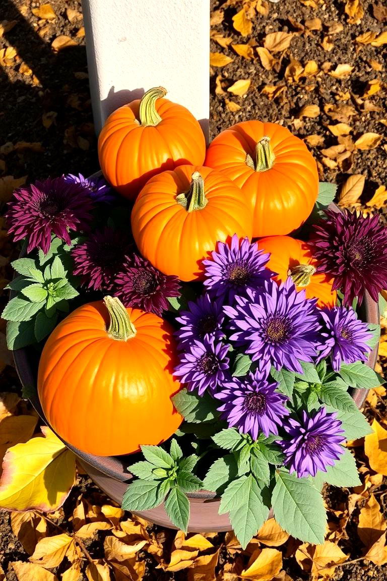 Pumpkin and Mums Combination - 24 Fall Planter Ideas