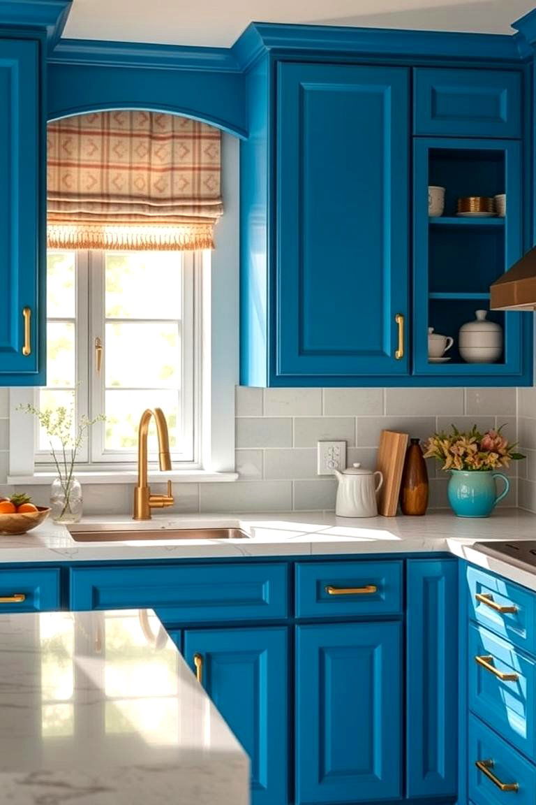 Radiant Artistic Fusion - 24 blue kitchen cabinets with gold hardware
