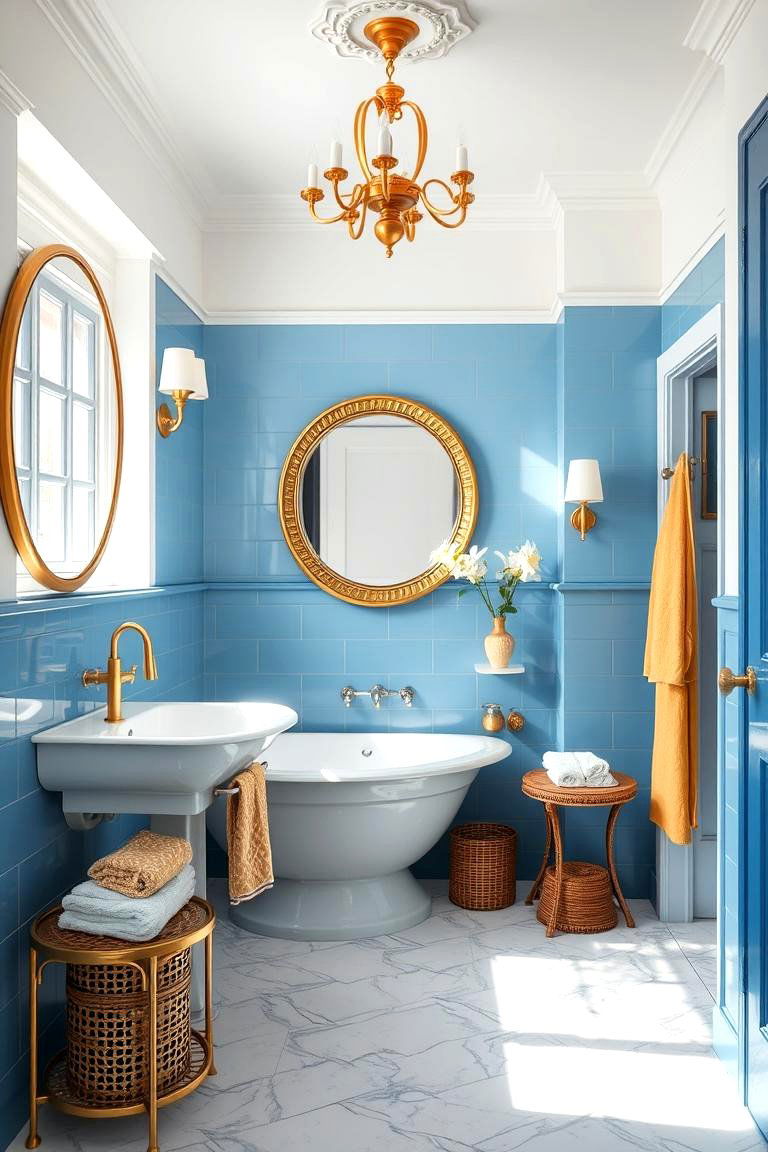 Radiant Blue Accents with Golden Accessories - 24 Blue and Gold Bathroom Ideas