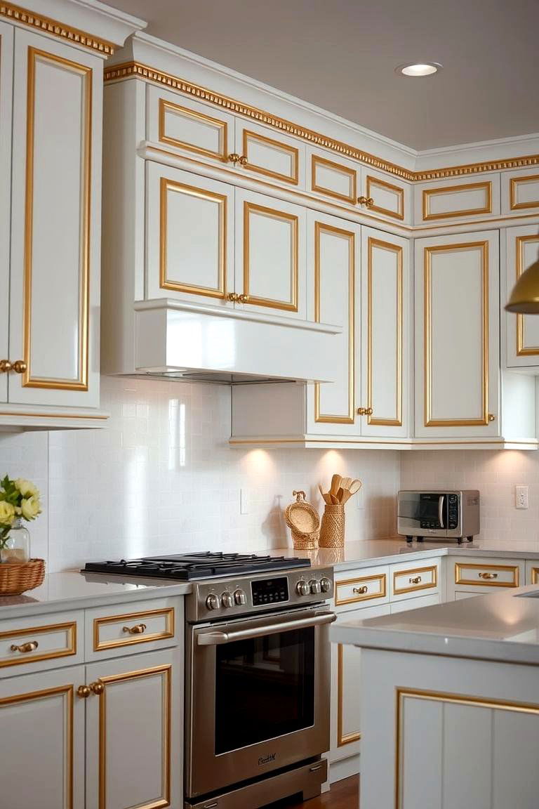 Radiant White Cupboards with Gold Molding - 24 White and Gold Kitchen Ideas