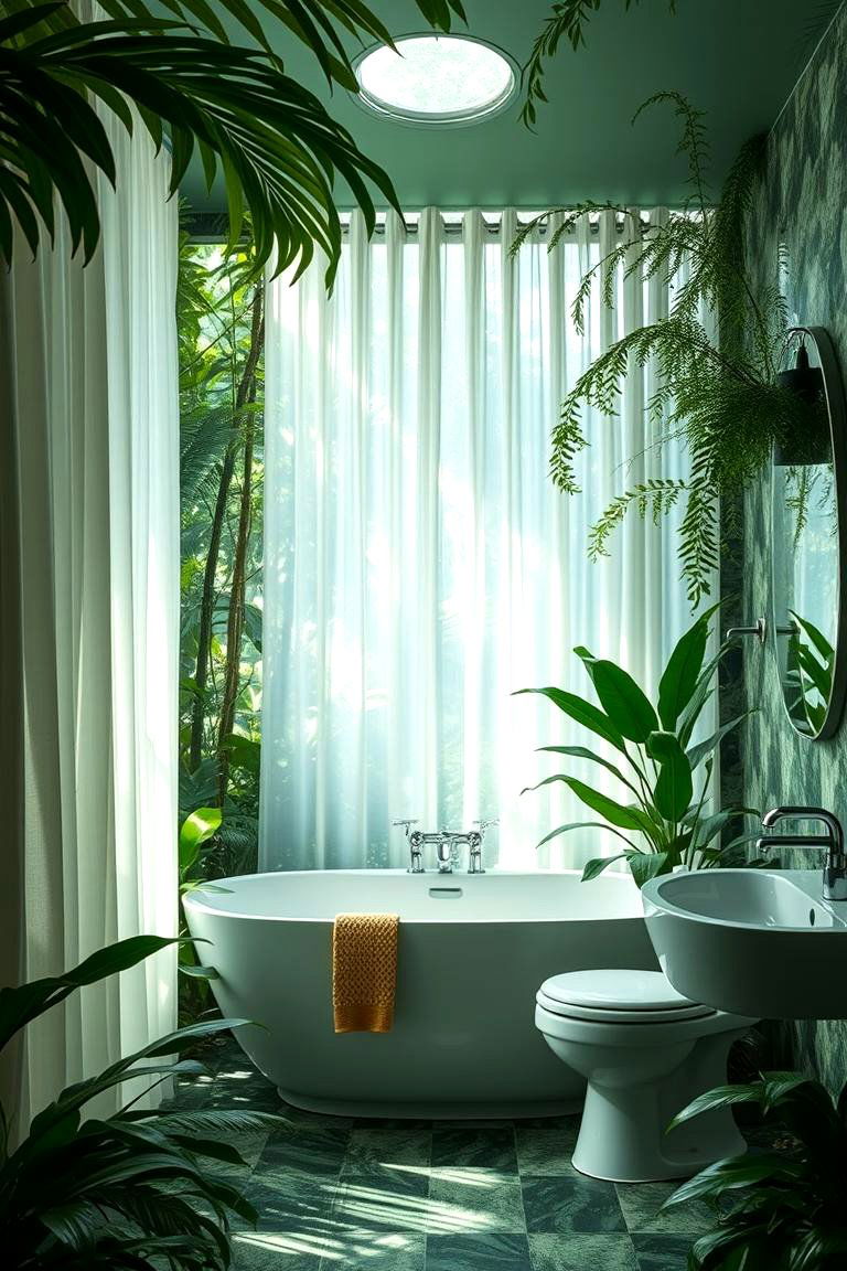 Rainforest Vibe with Airy Curtains - 24 Tropical Bathroom Ideas