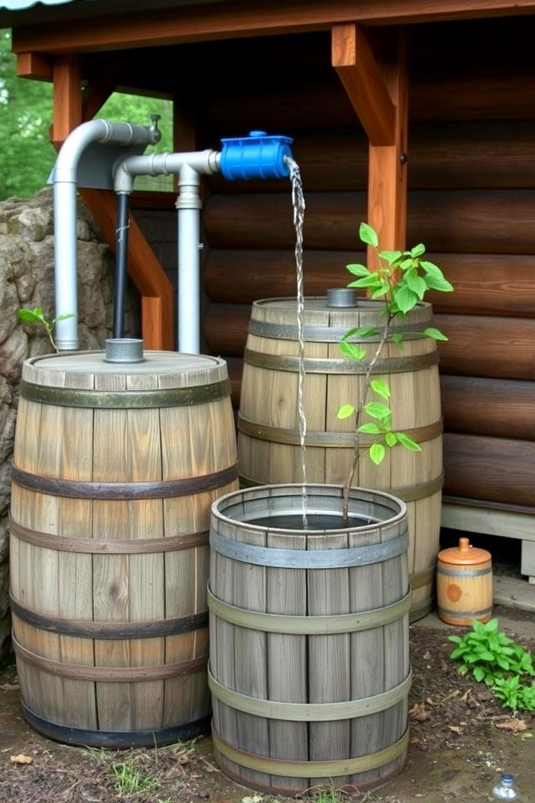 Rainwater Harvesting System with Rustic Barrels - 24 Rustic Tiny House Ideas