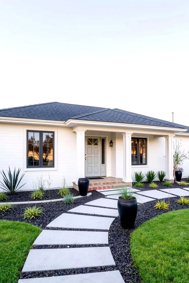 Ranch Style with Updated Landscaping - 24 White Exterior Home with a Black Roof Ideas