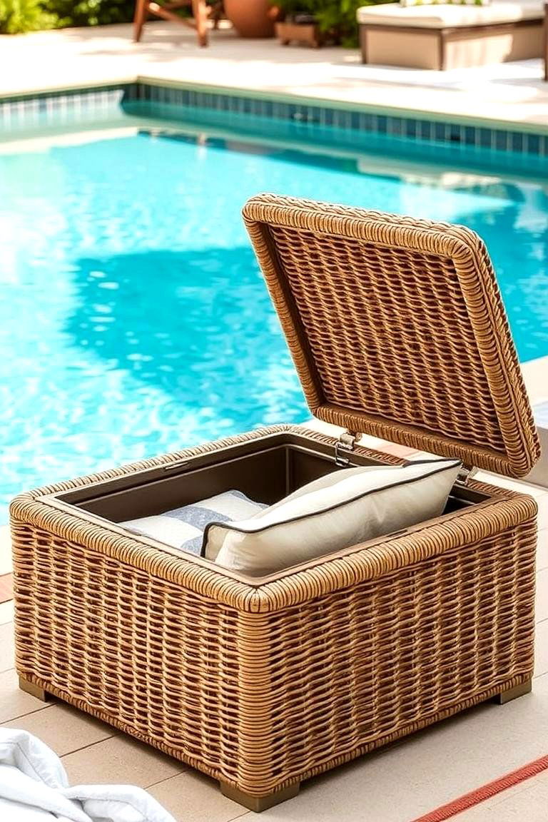 Rattan Poolside Storage Ottomans - 24 Pool Storage Ideas