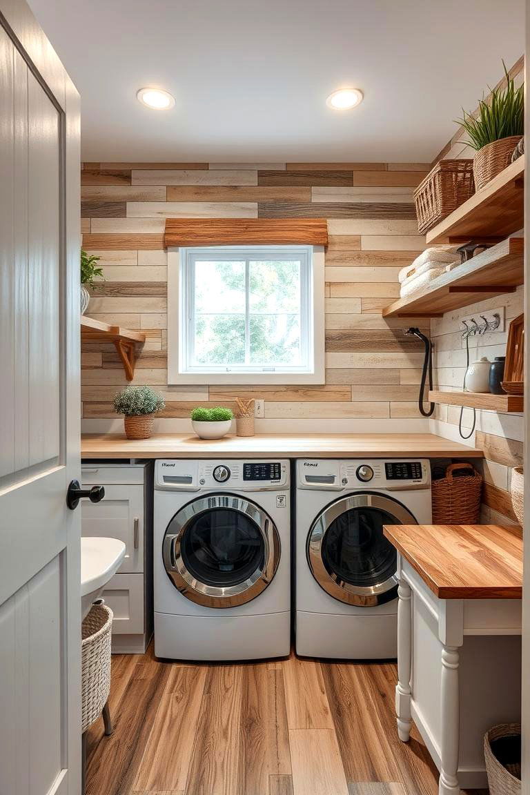 Reclaimed Wood Accents - 24 Green Laundry Room Ideas